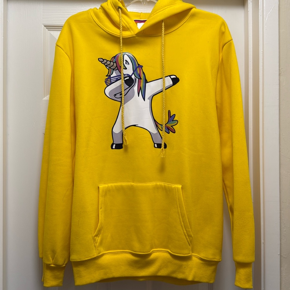 Rainbow unicorn dabbing men's yellow hoodie